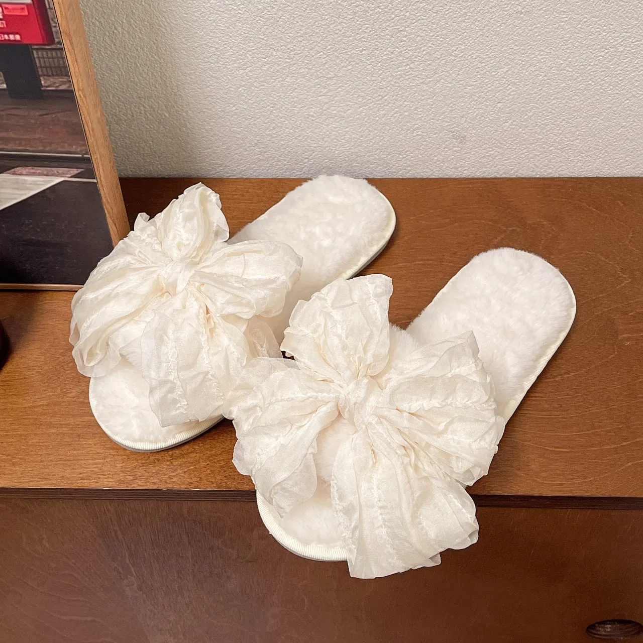 Women's big bow cotton slippers with plush upper and TPR sole, available in pink, white, and green sizes 36-41