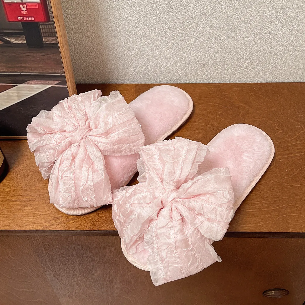 Women's big bow cotton slippers with plush upper and TPR sole, available in pink, white, and green sizes 36-41
