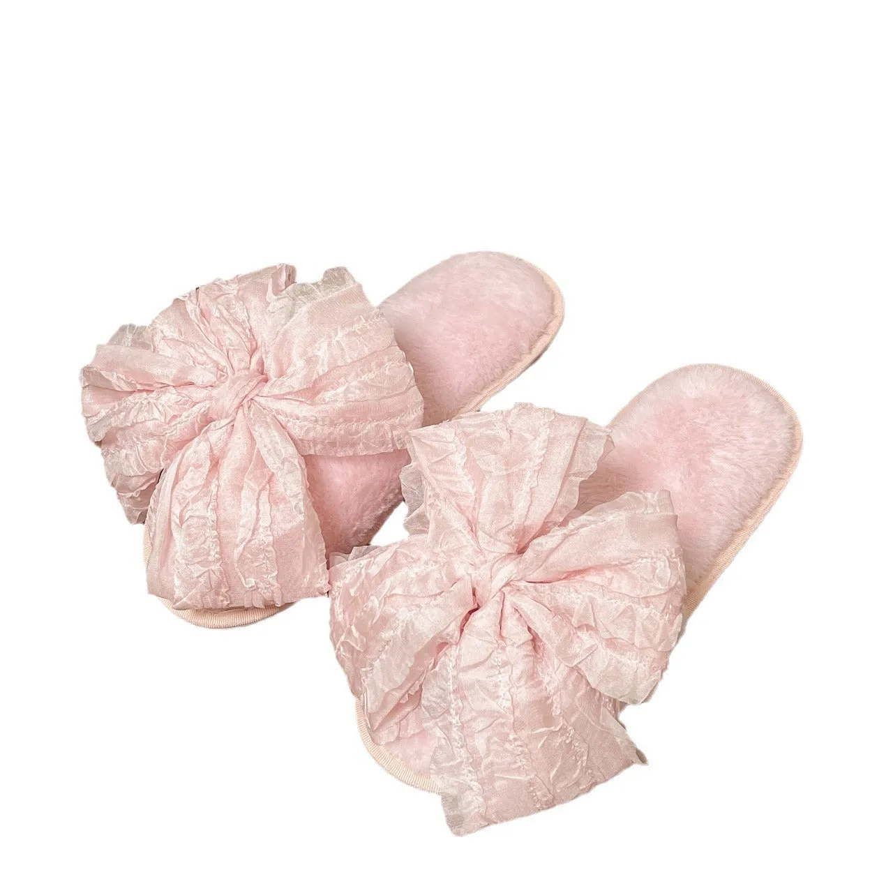 Women's big bow cotton slippers with plush upper and TPR sole, available in pink, white, and green sizes 36-41