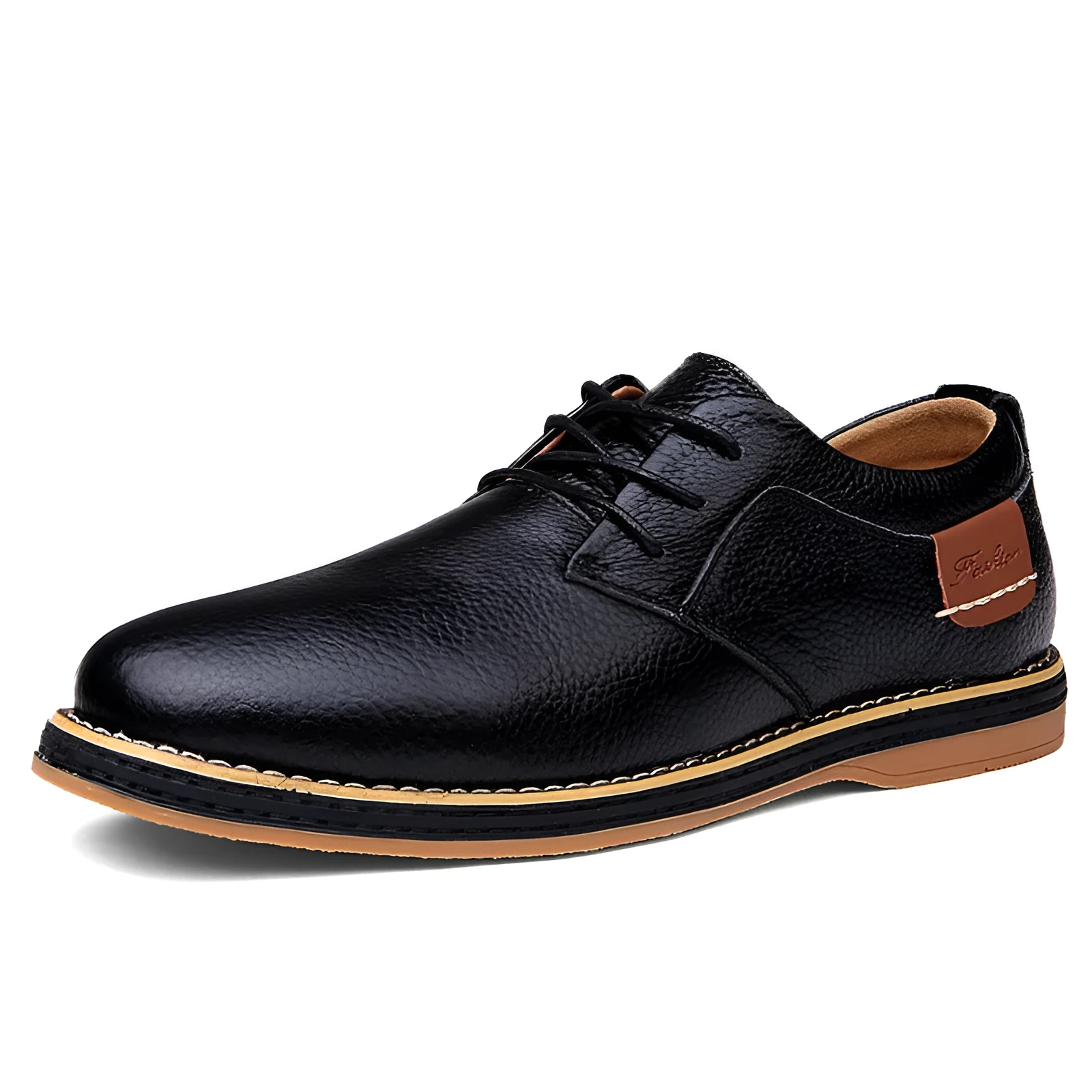 Large size 48 men's British style leather shoes in black with microfiber upper and rubber sole