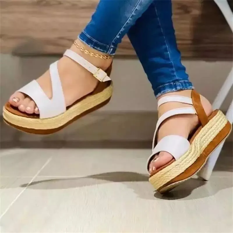 Women's PU platform sandals with hollow buckle in white – round toe, Roman style, size 35-43