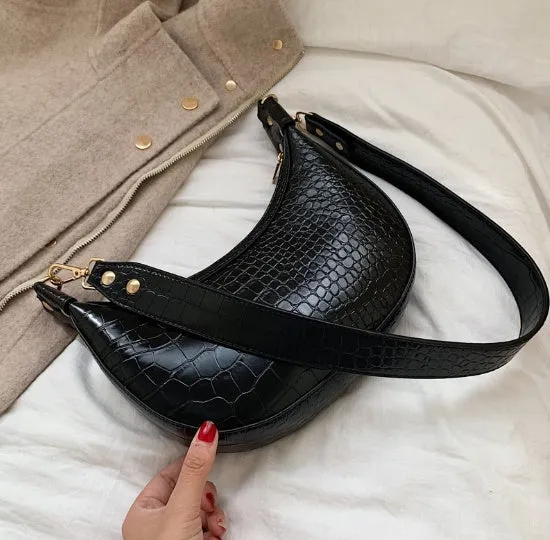 Retro PU leather crossbody bag for women, upper width 24cm, in black colour