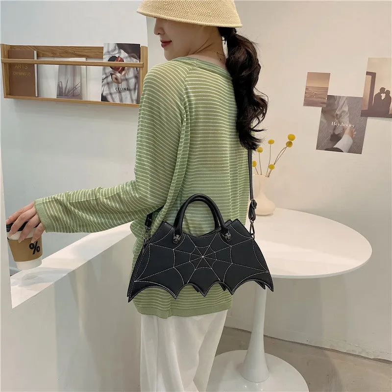 Black PU spider web shape messenger crossbody bag with embroidery and three shoulder straps