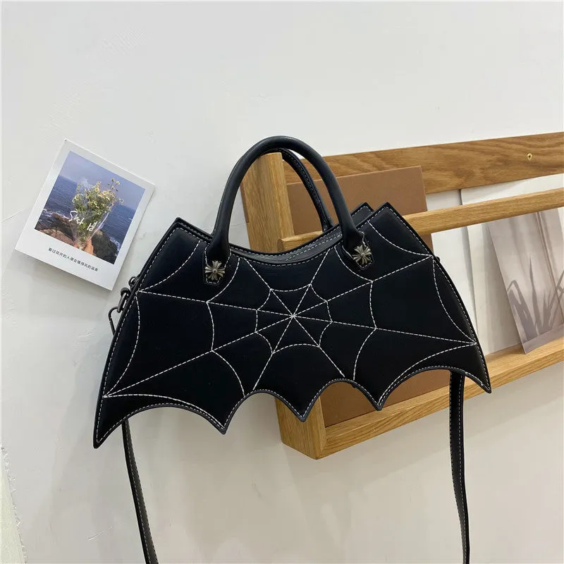 Black PU spider web shape messenger crossbody bag with embroidery and three shoulder straps