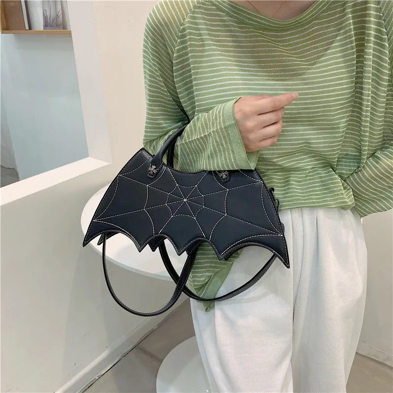 Black PU spider web shape messenger crossbody bag with embroidery and three shoulder straps