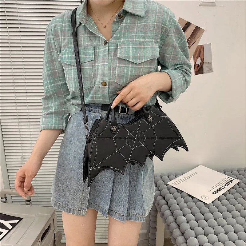Black PU spider web shape messenger crossbody bag with embroidery and three shoulder straps