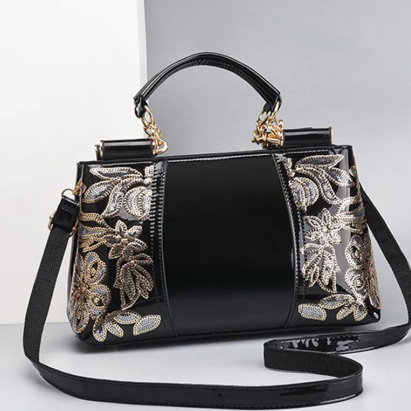 Fashion sequins handbag for women, large horizontal square PU shoulder bag with embroidery and sequins, available in multiple colours