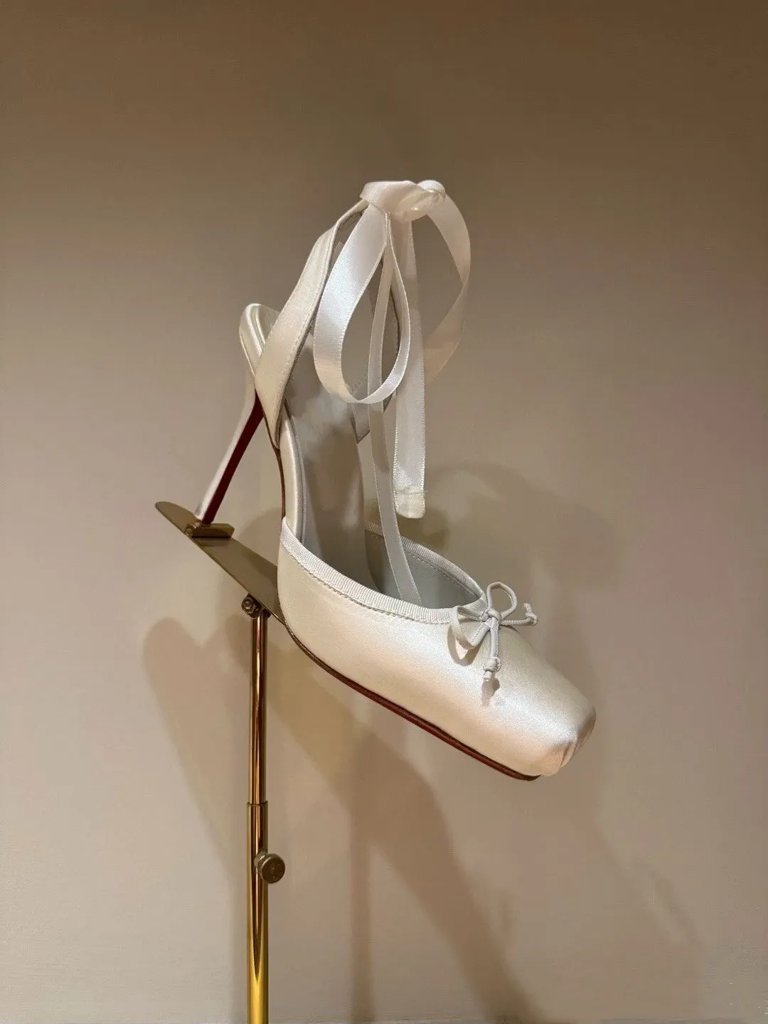Ladies satin square toe stiletto heel sandals in apricot colour, size 37