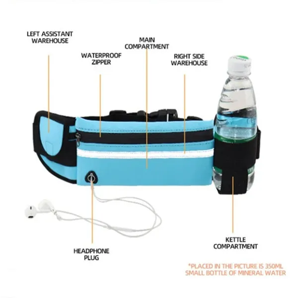 Medium nylon fitness waist bag with zipper pocket in solid colour, size 20x10 cm