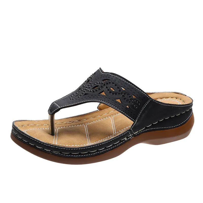 Clip toe wedge sandals for women, PU upper, rhinestone detail, solid colour, composite sole, sizes 35-43