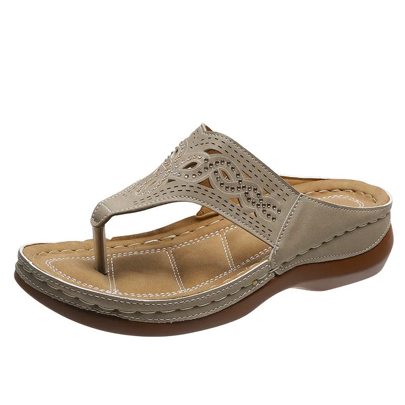 Clip toe wedge sandals for women, PU upper, rhinestone detail, solid colour, composite sole, sizes 35-43