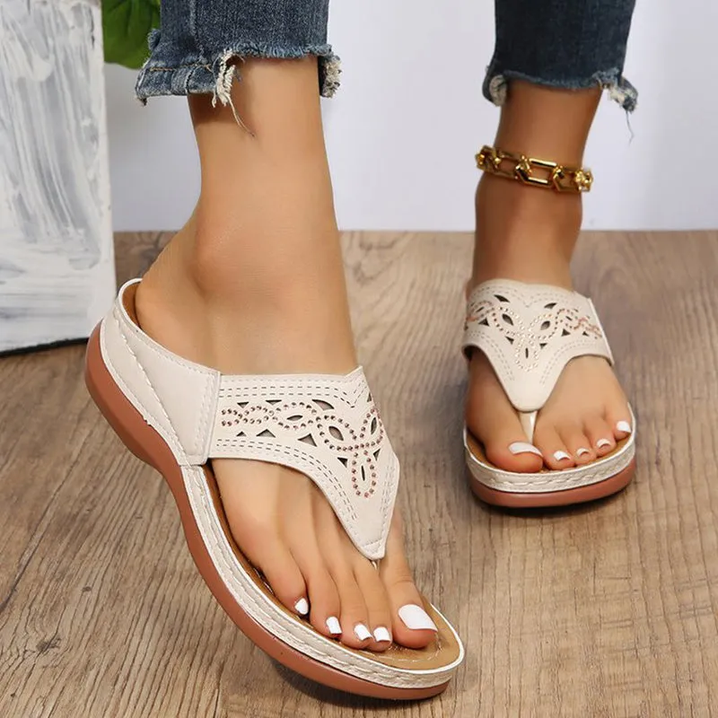Clip toe wedge sandals for women, PU upper, rhinestone detail, solid colour, composite sole, sizes 35-43