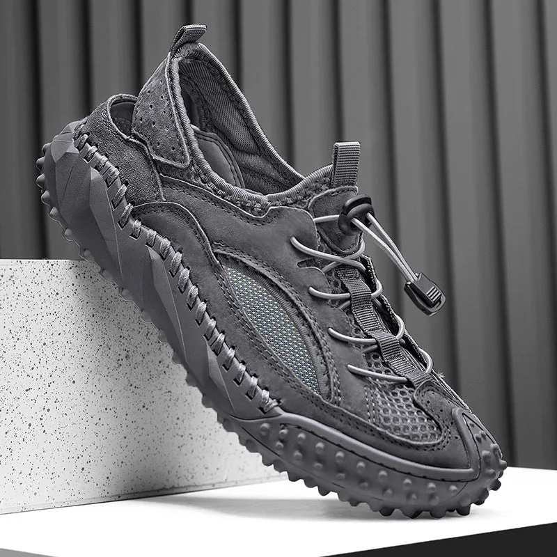 Men's waterproof sports sandals with leather mesh upper and rubber sole in toe-cap design