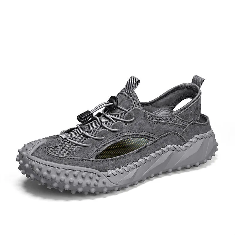 Men's waterproof sports sandals with leather mesh upper and rubber sole in toe-cap design