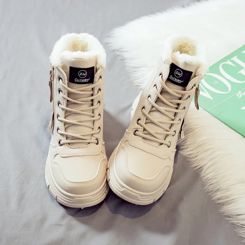 Women's plus size tall black snow boot with velvet lining and lace-up front on a rubber sole.