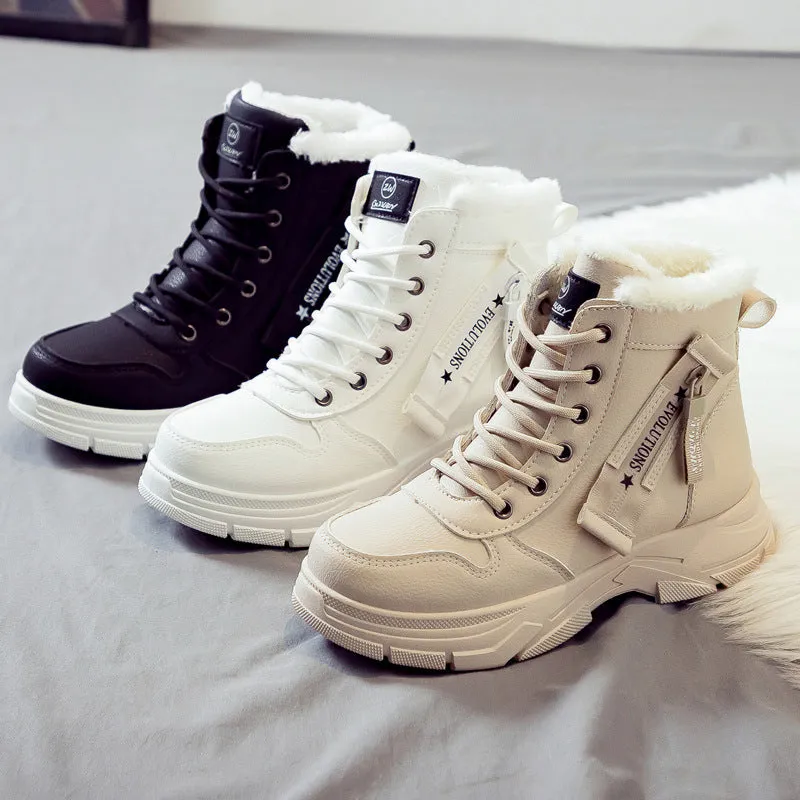 Women's plus size tall black snow boot with velvet lining and lace-up front on a rubber sole.