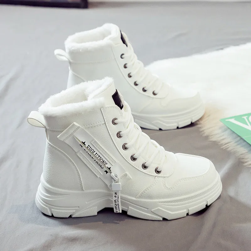 Women's plus size tall black snow boot with velvet lining and lace-up front on a rubber sole.