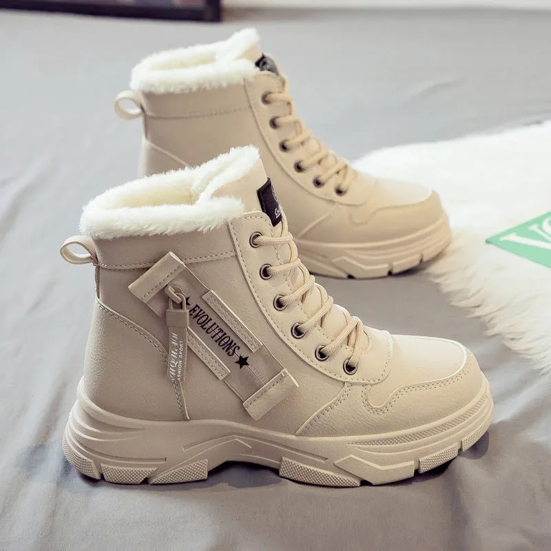 Women's plus size tall black snow boot with velvet lining and lace-up front on a rubber sole.