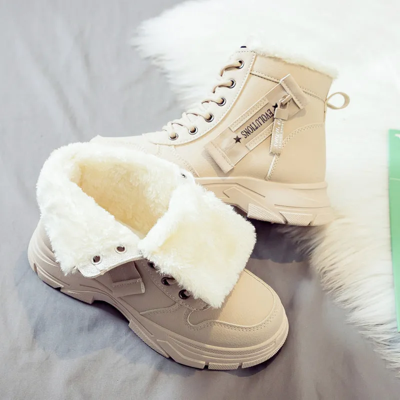 Women's plus size tall black snow boot with velvet lining and lace-up front on a rubber sole.