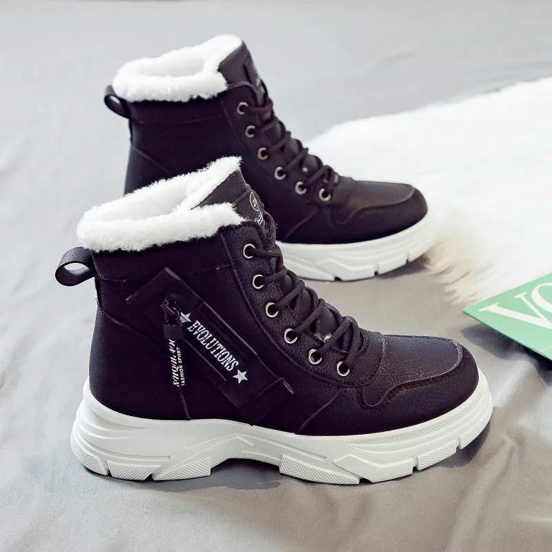 Women's plus size tall black snow boot with velvet lining and lace-up front on a rubber sole.