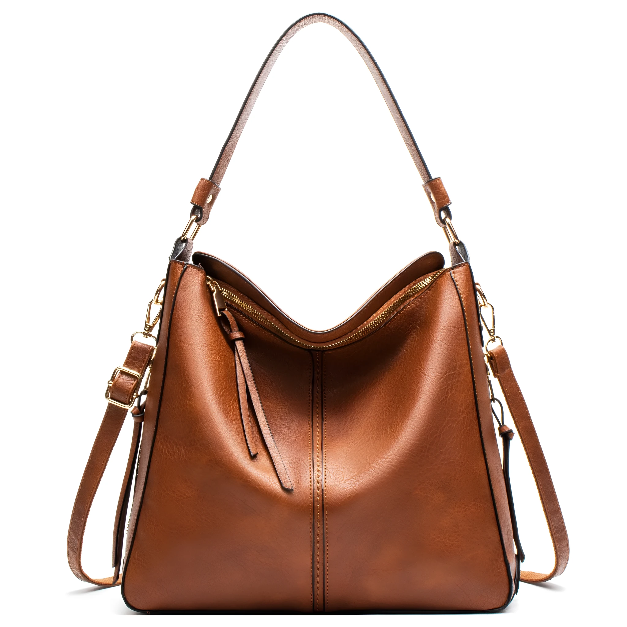 Large capacity PU hobo bag for women with zip closure, internal pockets, and soft handles in solid colour