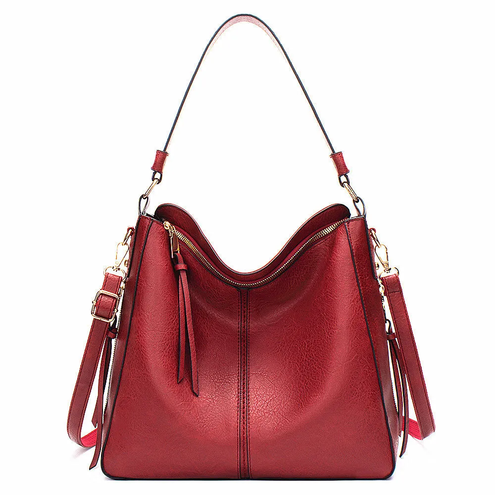 Large capacity PU hobo bag for women with zip closure, internal pockets, and soft handles in solid colour