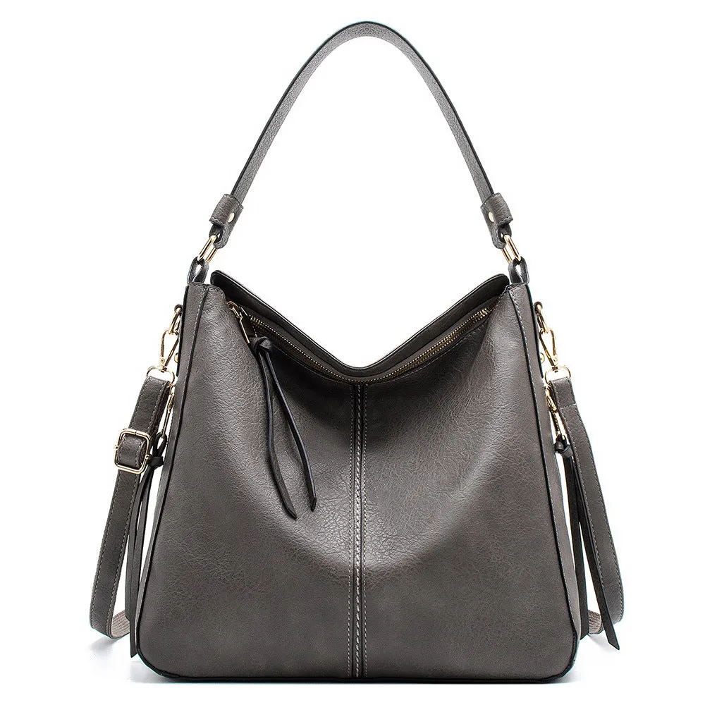 Large capacity PU hobo bag for women with zip closure, internal pockets, and soft handles in solid colour