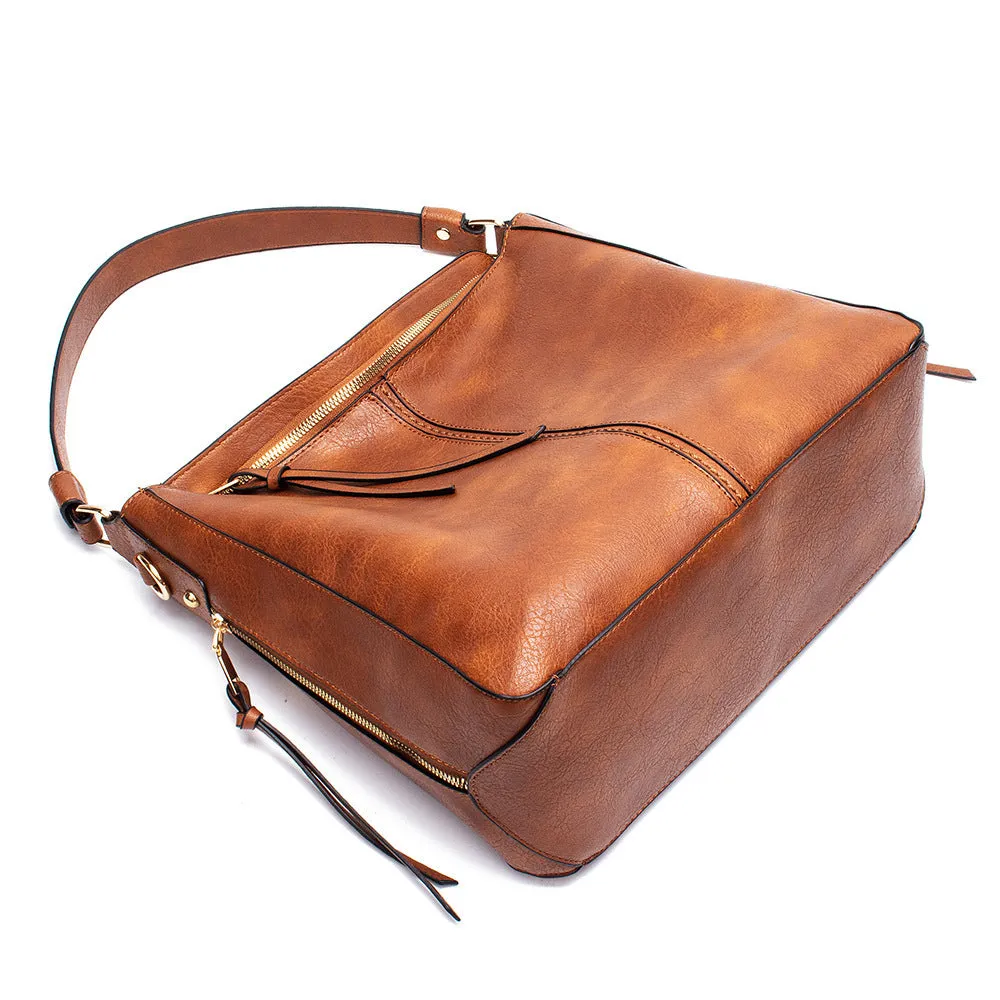 Large capacity PU hobo bag for women with zip closure, internal pockets, and soft handles in solid colour