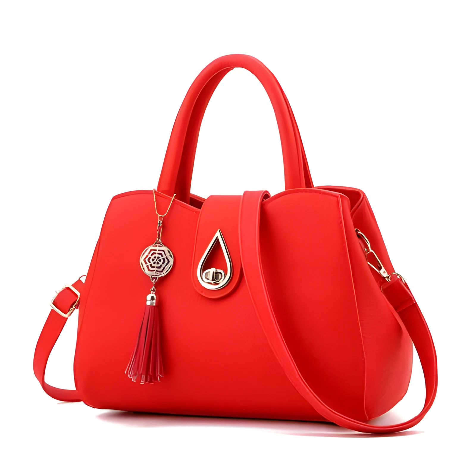 SMOOZA large PU leather tassel handbag with lock closure in beige