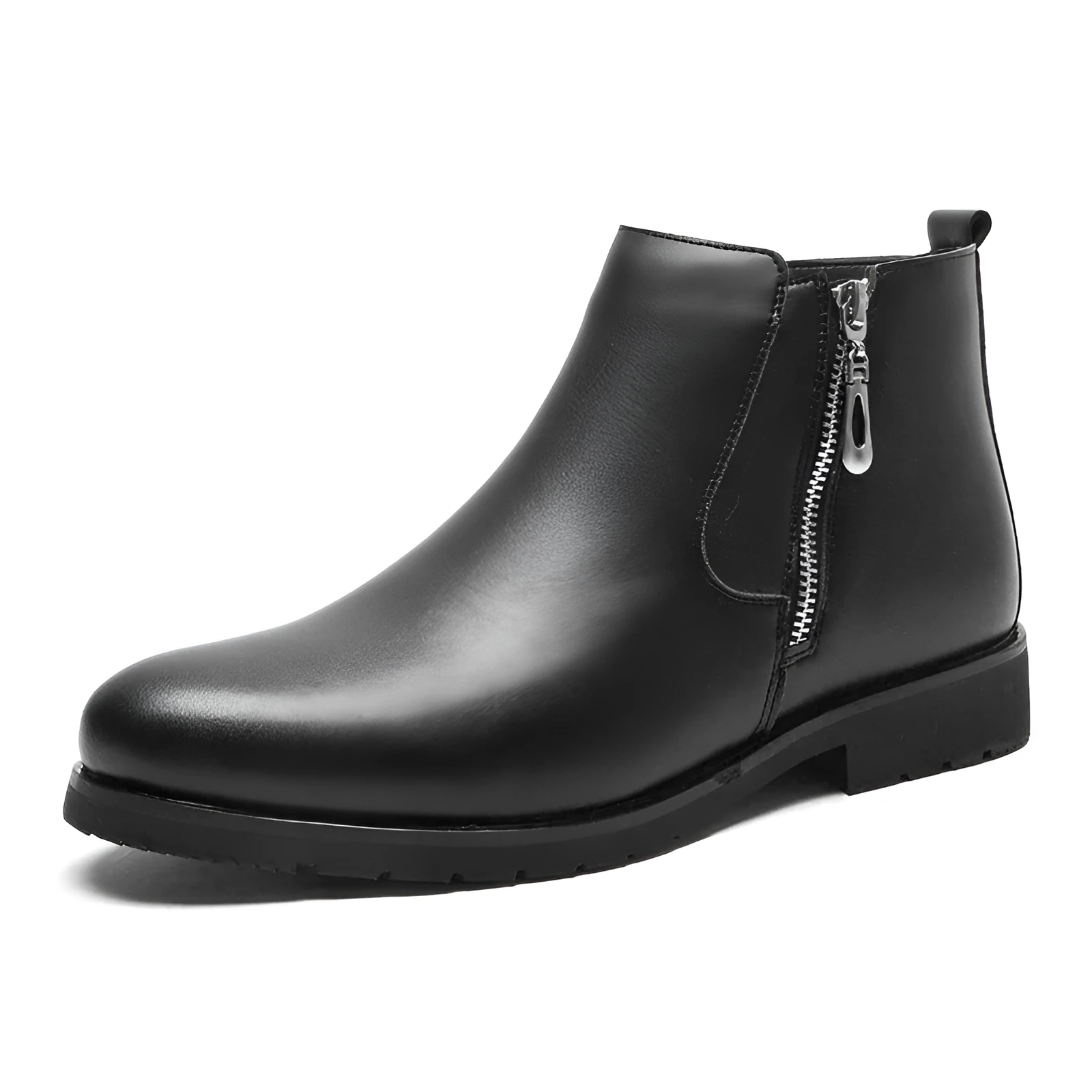 Men's black leather formal shoes with cotton lining and rubber sole on a plain background