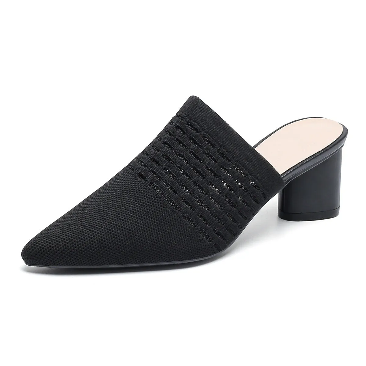 Women's pointed-toe sandals with toe cap bracket, 5cm chunky heel, fabric upper in fishing line colours on rubber sole.