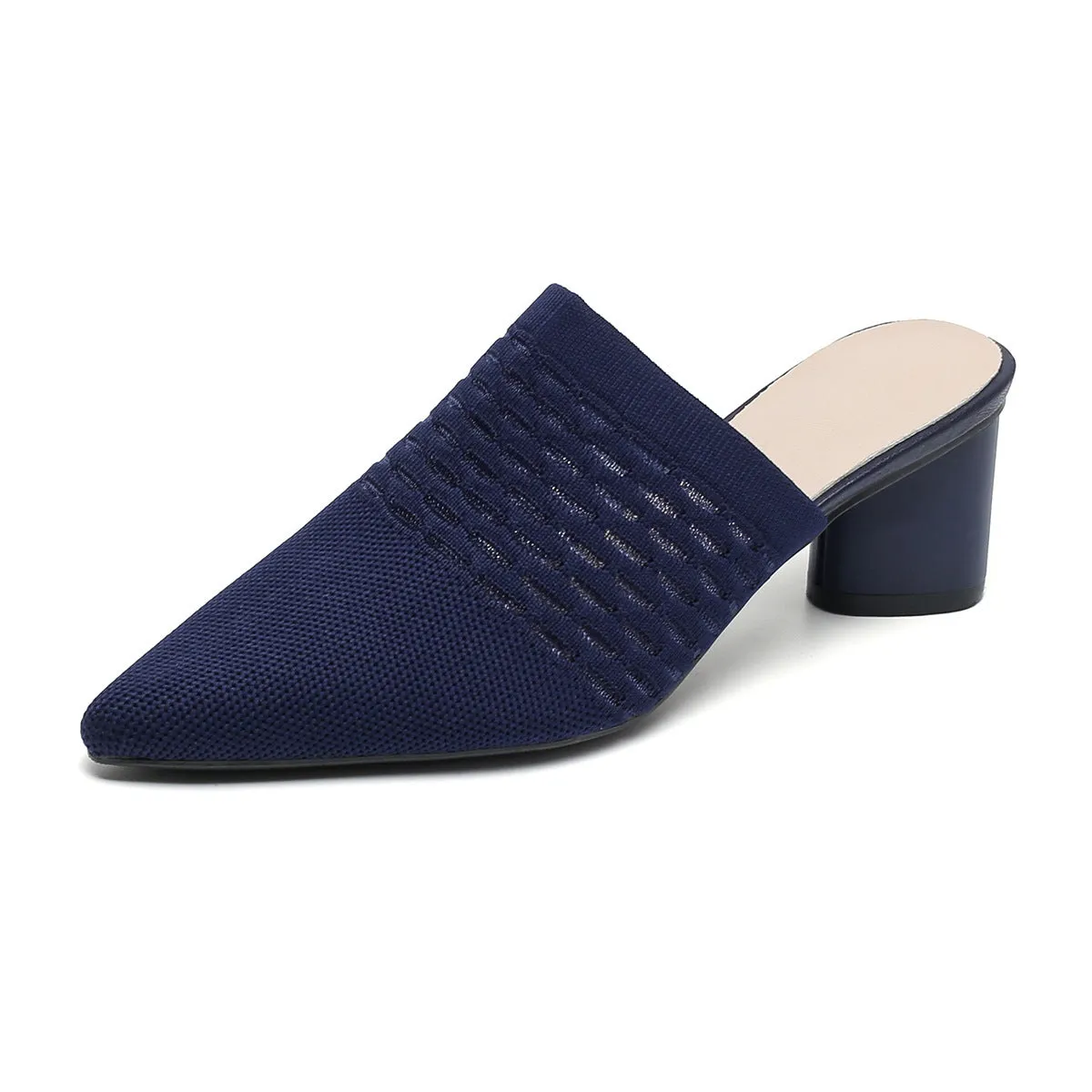 Women's pointed-toe sandals with toe cap bracket, 5cm chunky heel, fabric upper in fishing line colours on rubber sole.