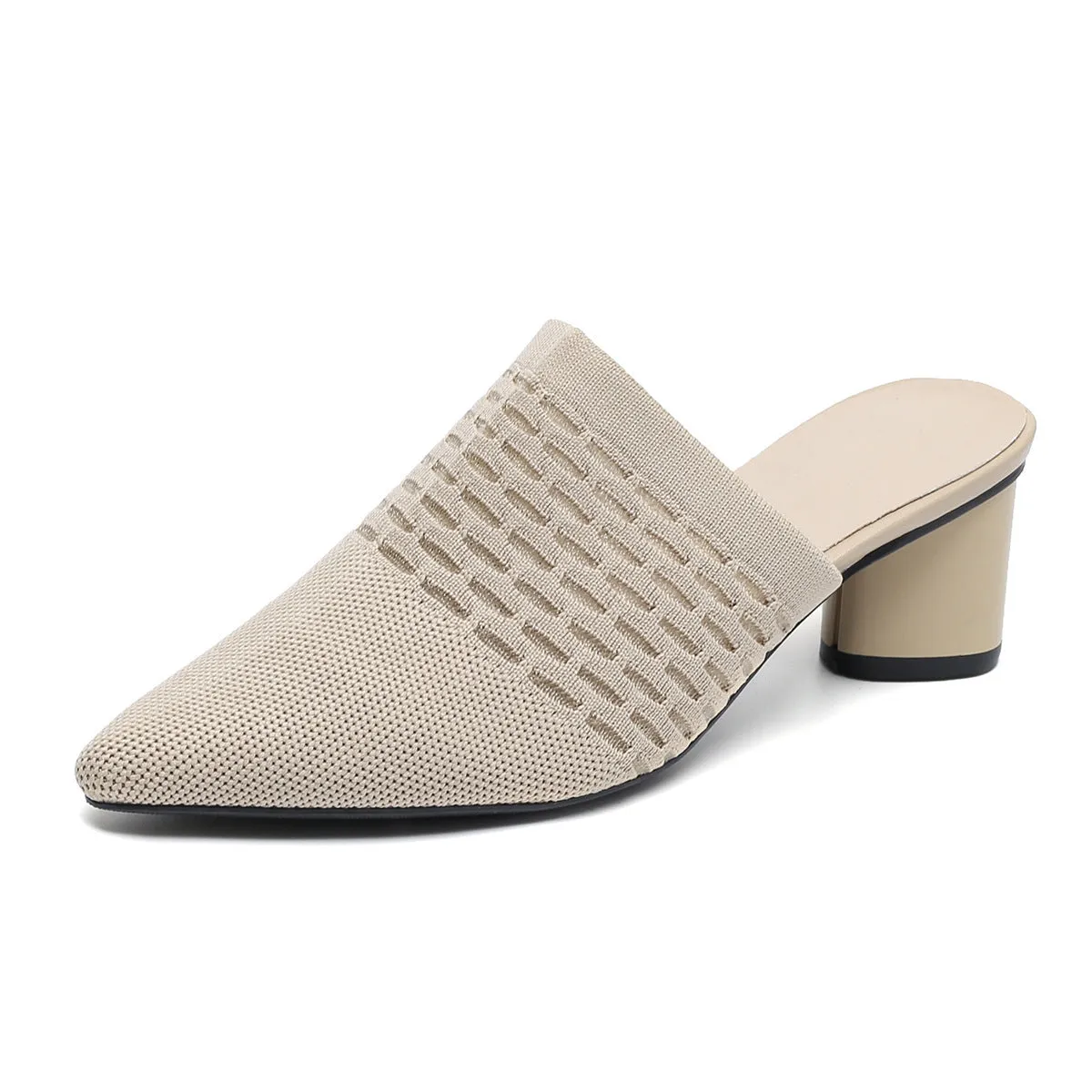 Women's pointed-toe sandals with toe cap bracket, 5cm chunky heel, fabric upper in fishing line colours on rubber sole.