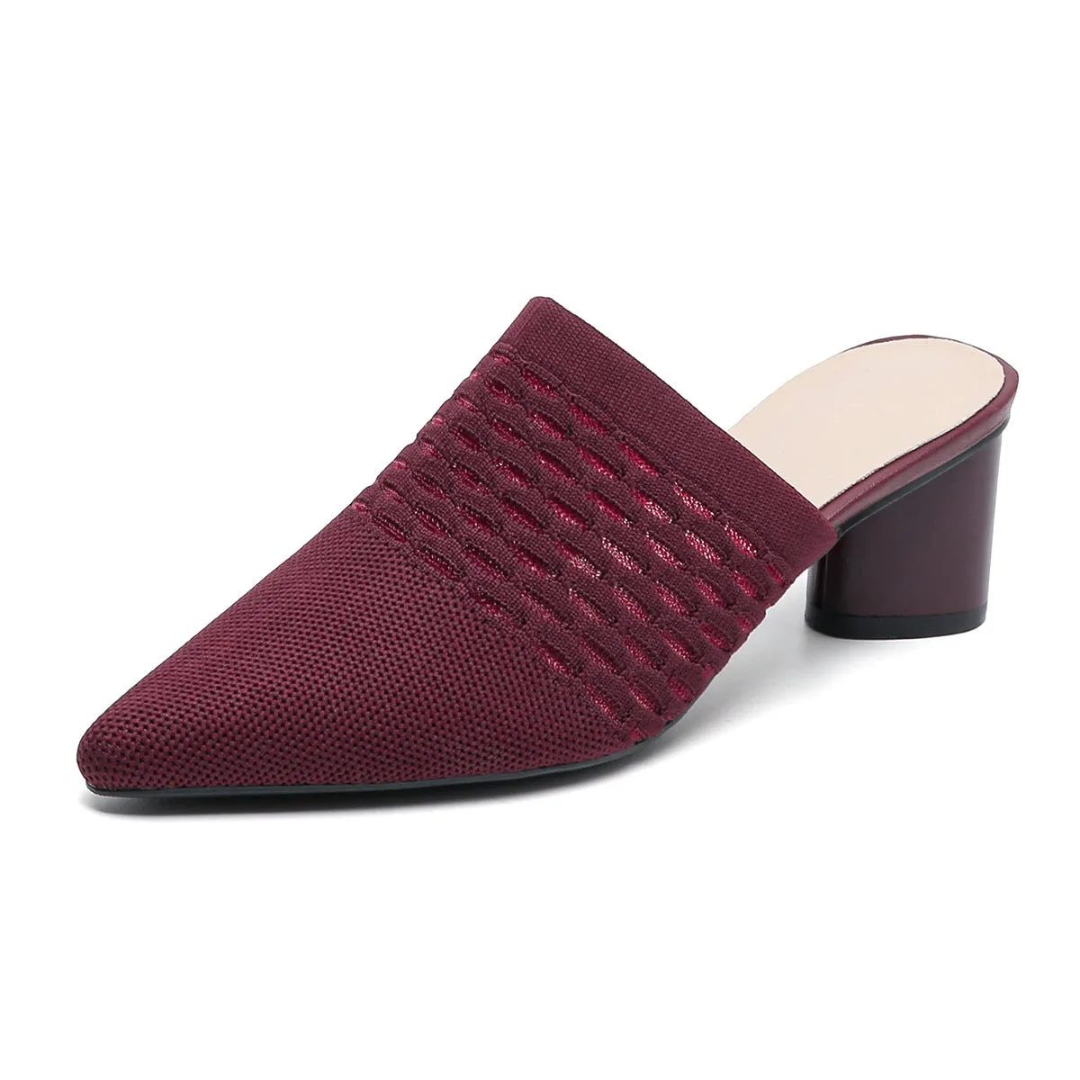 Women's pointed-toe sandals with toe cap bracket, 5cm chunky heel, fabric upper in fishing line colours on rubber sole.