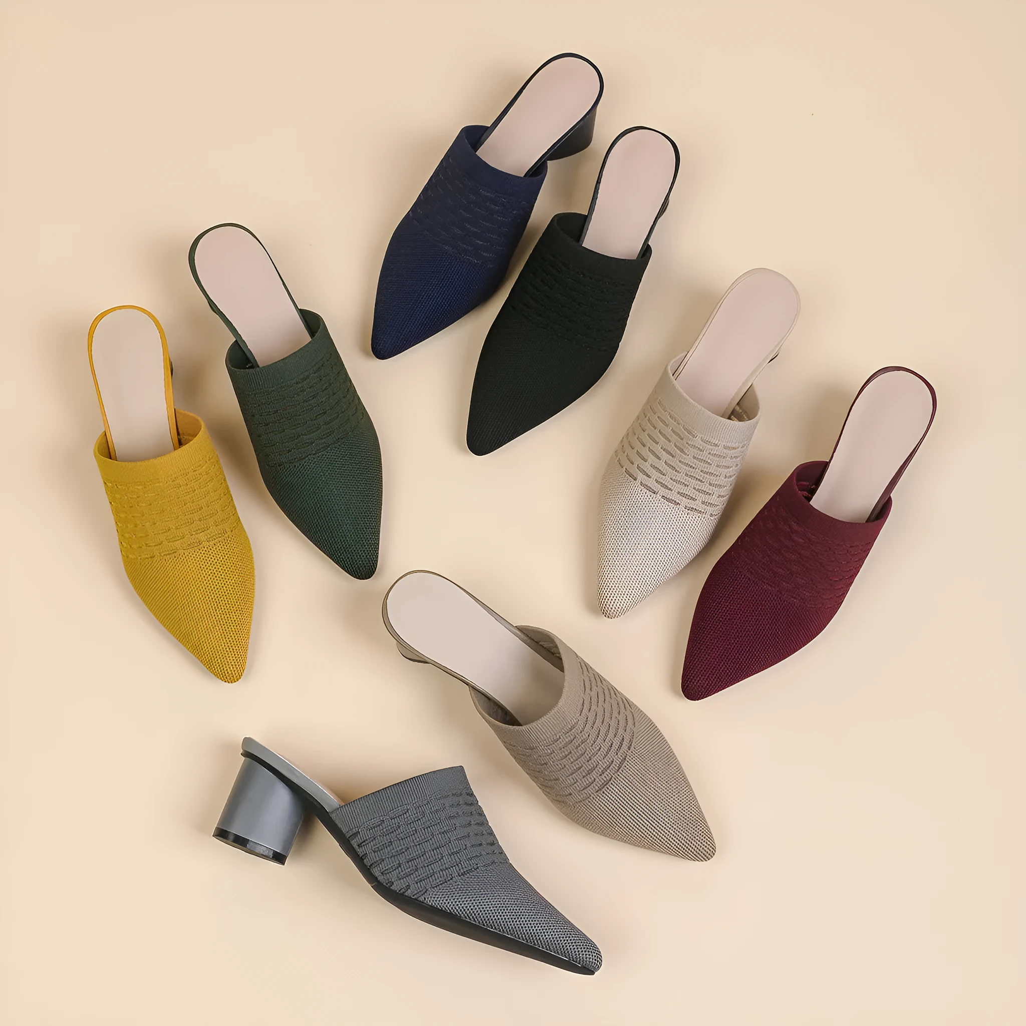 Women's pointed-toe sandals with toe cap bracket, 5cm chunky heel, fabric upper in fishing line colours on rubber sole.