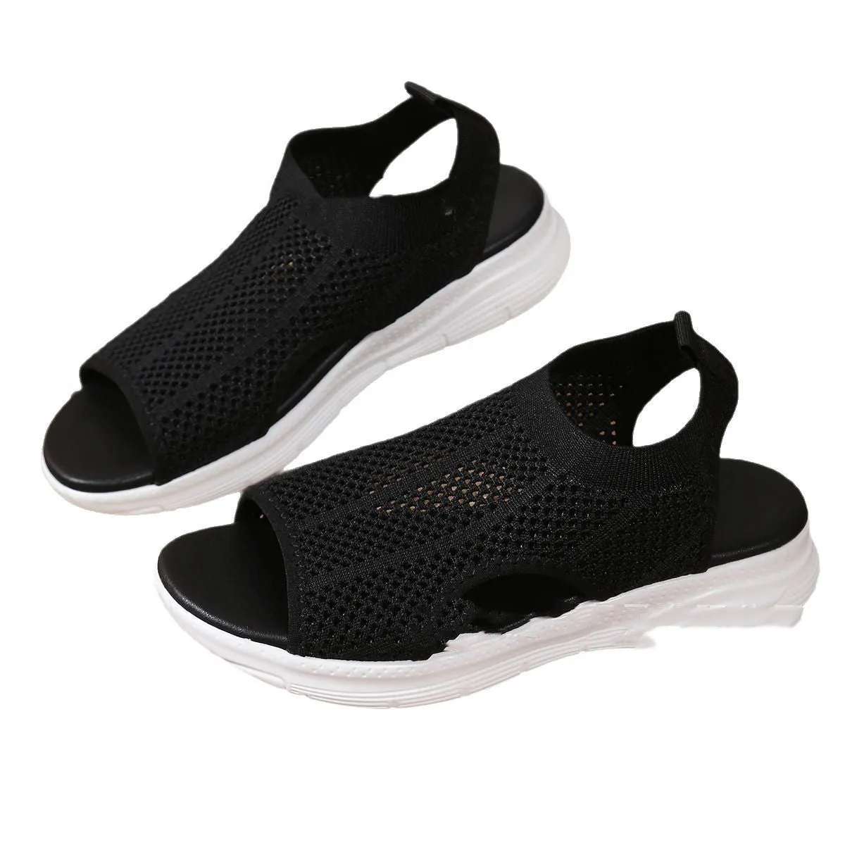 Women's black platform sports sandals with flat toe and rubber sole