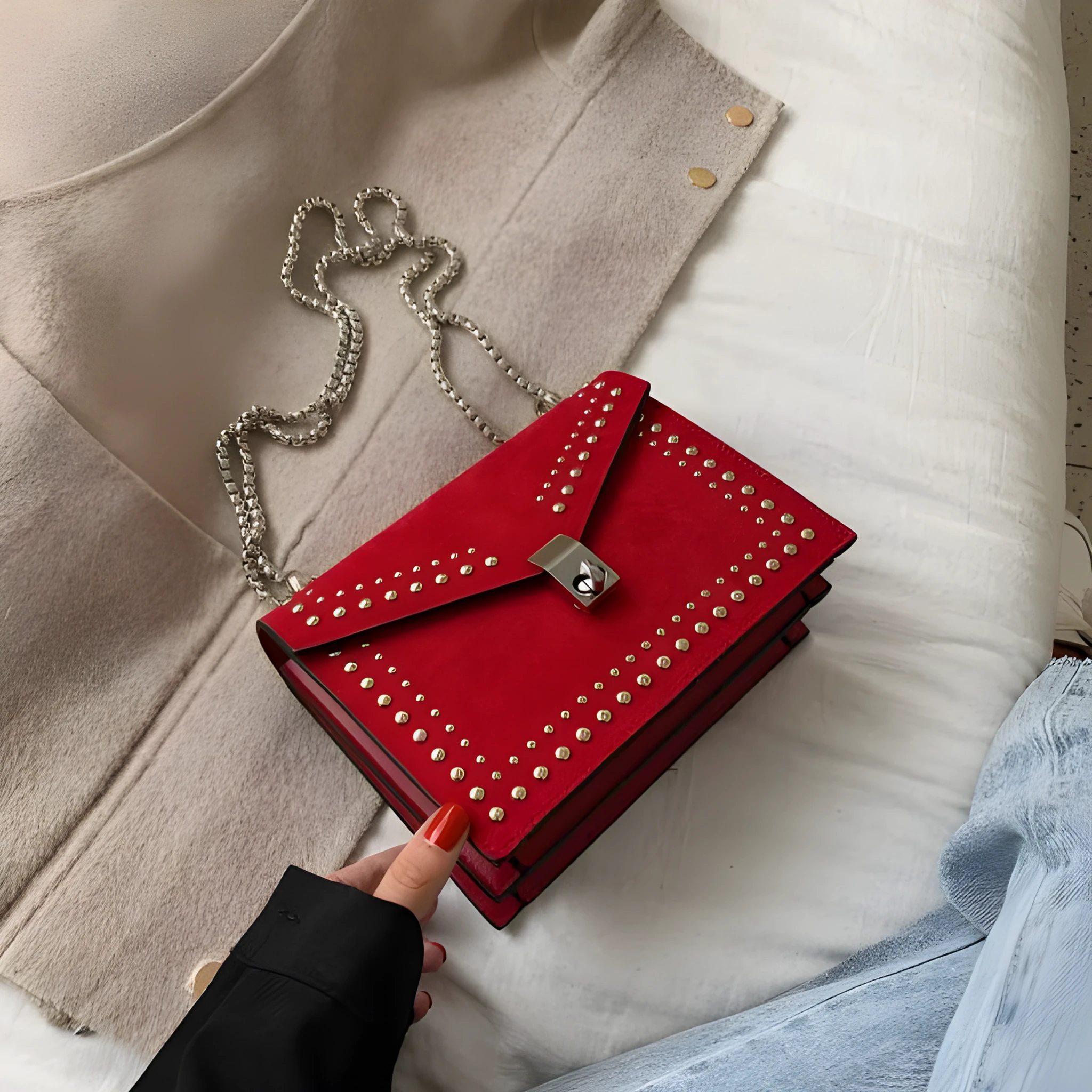 Small PU shoulder messenger bag for women with lock detail, chains, and rivet decoration on a soft flap.