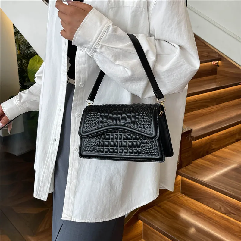 Crocodile pattern PU leather messenger bag in black with horizontal square shape and shoulder strap