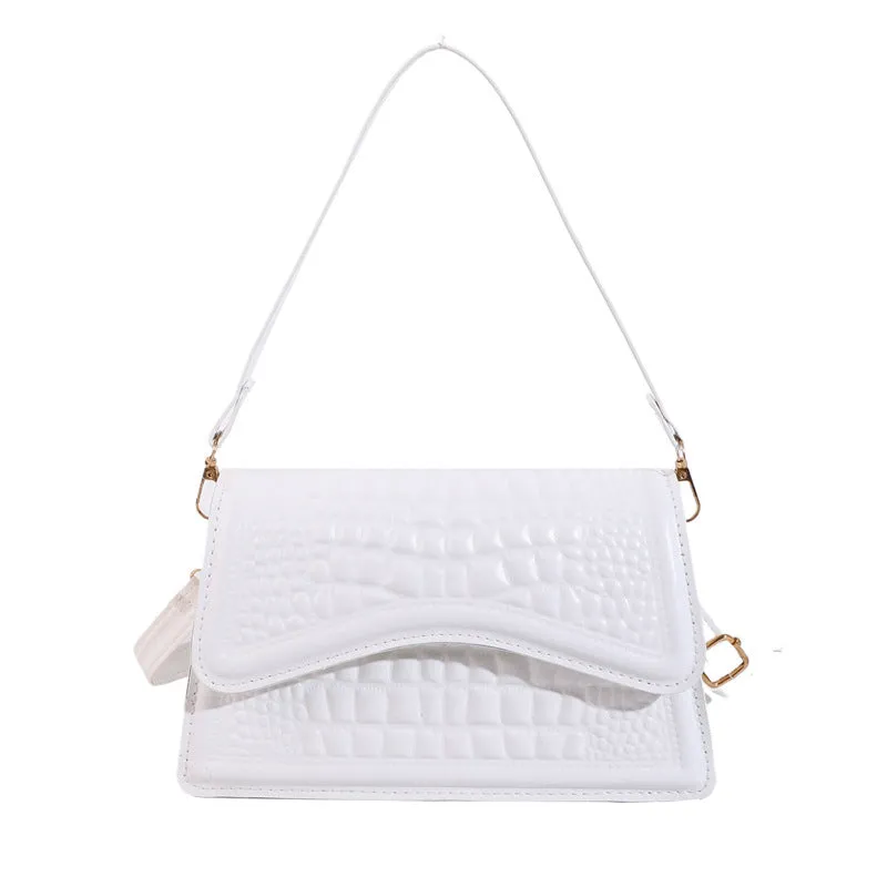 Crocodile pattern PU leather messenger bag in black with horizontal square shape and shoulder strap