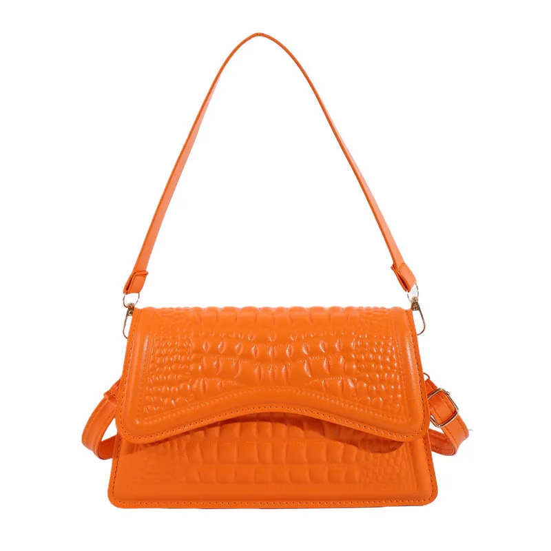 Crocodile pattern PU leather messenger bag in black with horizontal square shape and shoulder strap