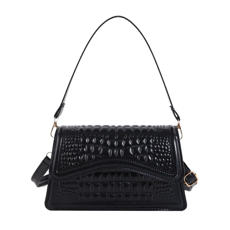 Crocodile pattern PU leather messenger bag in black with horizontal square shape and shoulder strap