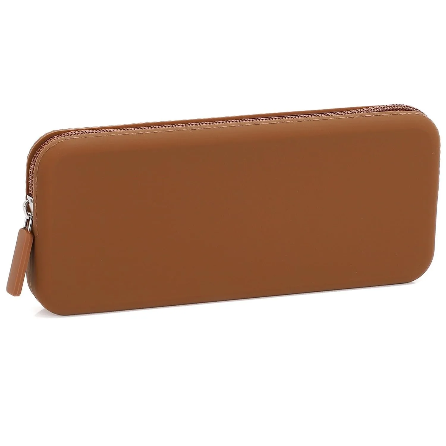 Slim silicone makeup brush storage bag in assorted colours, shown with brushes inside.
