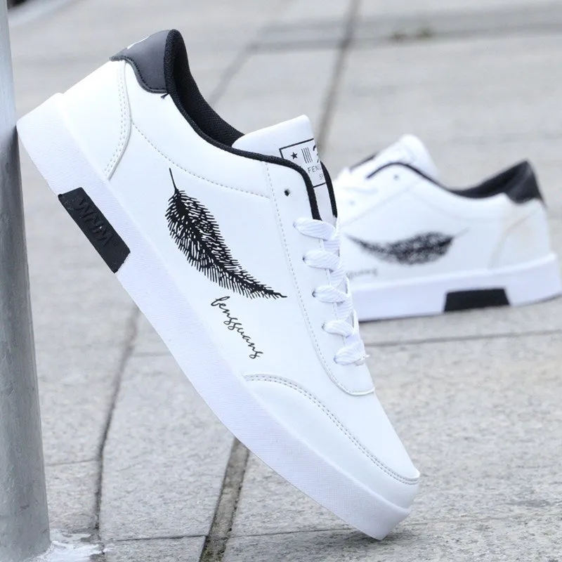 Men's spring casual waterproof lace-up sneakers in black and white, flat sole, youth trend style