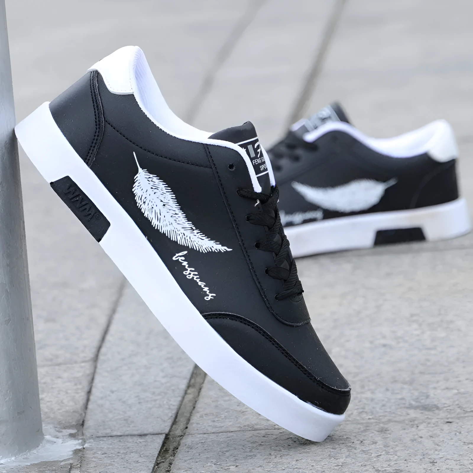 Men's spring casual waterproof lace-up sneakers in black and white, flat sole, youth trend style