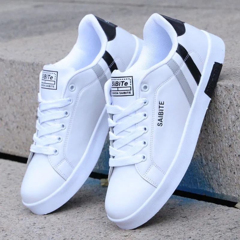 Men's spring casual waterproof lace-up sneakers in black and white, flat sole, youth trend style