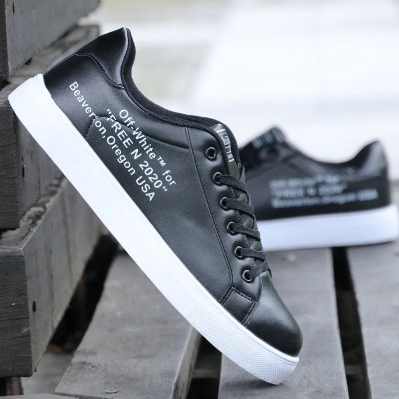 Men's spring casual waterproof lace-up sneakers in black and white, flat sole, youth trend style