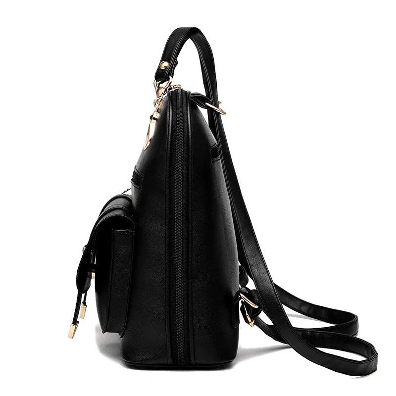 Women's PU leather dual-use backpack in black, flat lay view showing front and strap