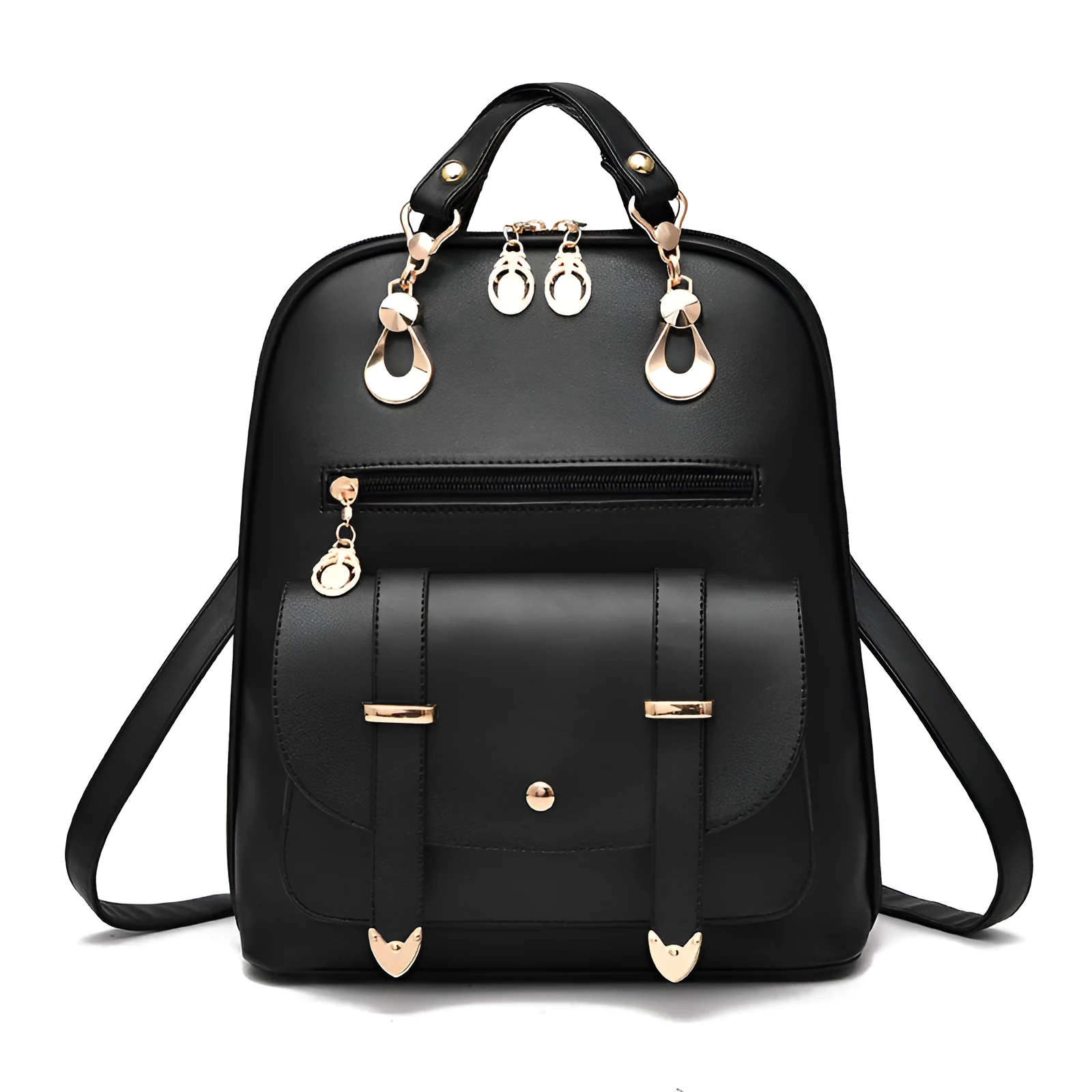 Women's PU leather dual-use backpack in black, flat lay view showing front and strap