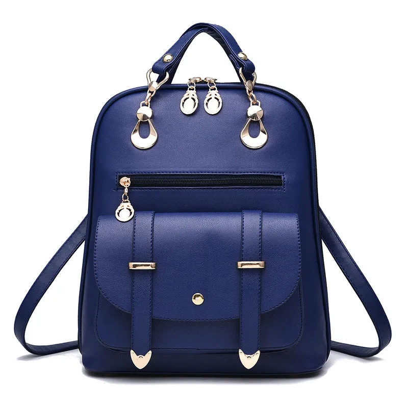 Women's PU leather dual-use backpack in black, flat lay view showing front and strap