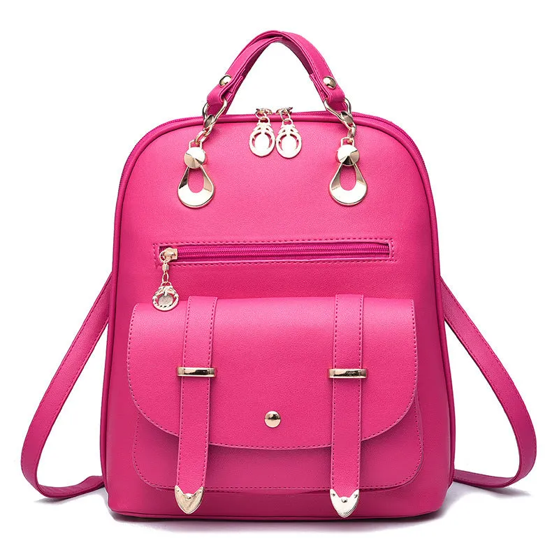 Women's PU leather dual-use backpack in black, flat lay view showing front and strap